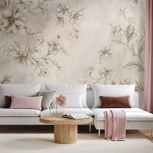 TAPETE VINTAGE BLUMENZEICHNUNGEN IN BEIGE - TAPETEN MIT BLUMENMOTIVEN - TAPETEN