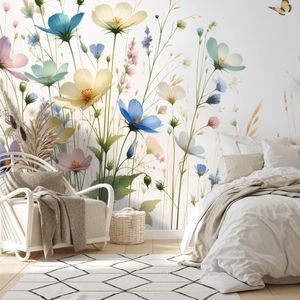 SAMOLEPÍCÍ TAPETA PASTELOVÉ KVĚTINY A LÉTAJÍCÍ MOTÝLI - WALLPAPERS FLOWERS - WALLPAPERS