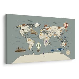 TABLEAU SUR TOILE – CARTE DU MONDE AVEC ANIMAUX - CARTES POUR ENFANTS - TABLEAUX