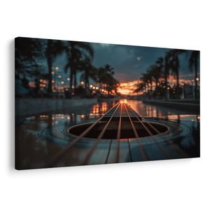WANDBILD SONNENUNTERGANG ÜBER DER GITARRE - MUSIKBILDER - BILDER