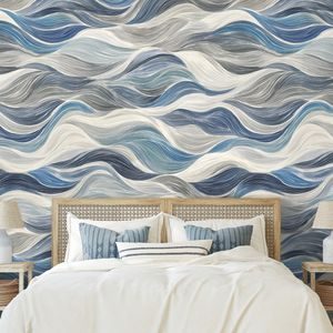 FOTOBEHANG BLAUWE GOLVEN OP GRIJZE ACHTERGROND - FOTOBEHANG MET PATRONEN - FOTOBEHANG