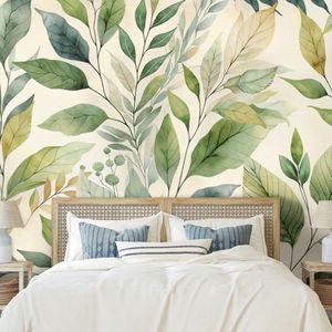 SAMOLEPÍCÍ TAPETA ZELENÉ AKVARELOVÉ LISTY NA BÉŽOVÉM POZADÍ - WALLPAPERS LEAVES - WALLPAPERS