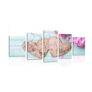 5-PIECE CANVAS PRINT PEONIES AND BIRCH HEARTS - STILL LIFE PICTURES - PICTURES