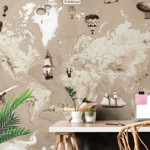 TAPETA BÉŽOVÁ KRESLENÁ MAPA S PLAVIDLAMI - TAPETY MAPY - TAPETY