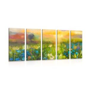 5-PIECE CANVAS PRINT OIL PAINTING OF MEADOW FLOWERS - PICTURES OF NATURE AND LANDSCAPE - PICTURES