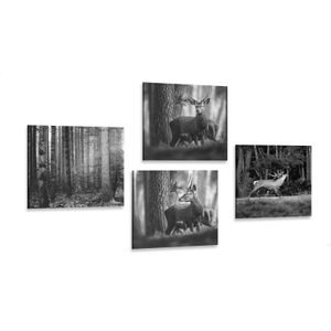 CANVAS PRINT SET FOREST ANIMALS IN BLACK AND WHITE - SET OF PICTURES - PICTURES