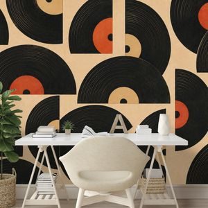 SAMOLEPÍCÍ TAPETA RETRO VINYLOVÉ DESKY NA BÉŽOVÉM POZADÍ - HUDEBNÍ TAPETY - WALLPAPERS