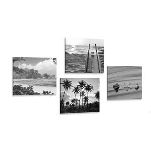 CANVAS PRINT SET HOLIDAY BY THE SEA IN BLACK AND WHITE - SET OF PICTURES - PICTURES