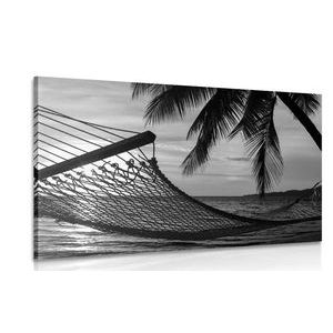 CANVAS PRINT HAMMOCK ON THE BEACH IN BLACK AND WHITE - BLACK AND WHITE PICTURES - PICTURES