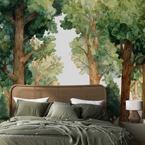 PAPIER PEINT – RÊVE FORESTIER AQUARELLE VERTE - PAPIER PEINT FORÊT - PAPIERS PEINTS PANORAMIQUES