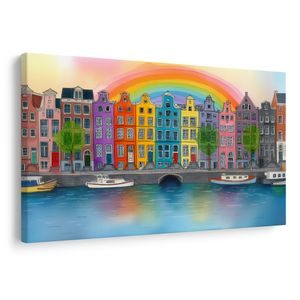 TABLEAU SUR TOILE – VILLE ARC-EN-CIEL SUR LE CANAL - MAISONS COLORÉES - TABLEAUX