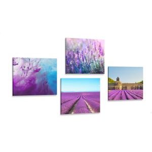 CANVAS PRINT SET LAVENDER FIELDS WITH PURPLE ABSTRACTION - SET OF PICTURES - PICTURES