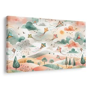 SLIKA LETEČI ZMAJI NAD BARVITO POKRAJINO - OTROŠKE SLIKE - SLIKE