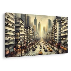 FOTO OP CANVAS STADSSTRAAT BIJ ZONSONDERGANG - SCHILDERIJEN STEDEN - SCHILDERIJEN