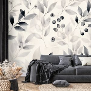SAMOLEPÍCÍ TAPETA ČERNOBÍLÉ AKVARELOVÉ LISTY A BOBULE - WALLPAPERS LEAVES - WALLPAPERS