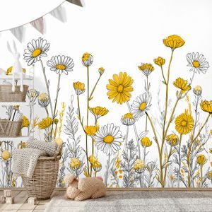 SAMOLEPÍCÍ FOTOTAPETA ŽLUTÉ LUČNÍ KVĚTY NA BÍLÉ - WALLPAPERS FLOWERS - WALLPAPERS