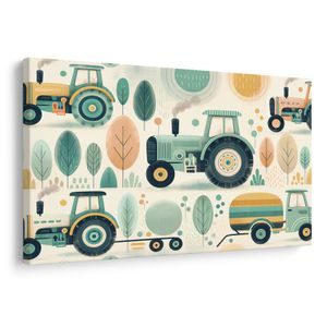 WANDBILD TRAKTOREN IN SPIELERISCHER LANDSCHAFT - KINDERBILDER VERKEHRSMITTEL - BILDER