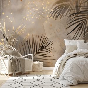 FOTOTAPETE GOLDENE PALMBLÄTTER AUF GRAU - TAPETEN BLÄTTER - TAPETEN