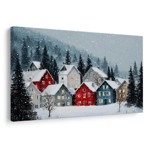 КАРТИНА НА ПЛАТНО – КОЛЕДНО СЕЛЦЕ ПОД СНЕЖНА ПОКРИВКА - КОЛЕДНИ И ЗИМНИ КАРТИНИ - КАРТИНИ