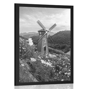 Poster Wiese bei einer zauberhaften Mühle in Schwarz-Weiß