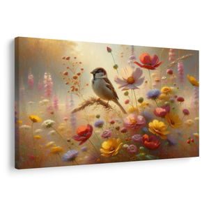 SLIKA VRABEC V CVETLIČNEM VRTU - SLIKE PTIC - SLIKE