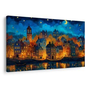 TABLEAU SUR TOILE – PAYSAGE NOCTURNE ENCHANTEUR - MAISONS COLORÉES - TABLEAUX