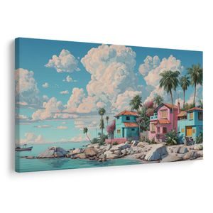 CANVAS SCHILDERIJ CARIBISCHE IDYLLE MET PALMBOMEN - GEKLEURDE HUIZEN - SCHILDERIJEN