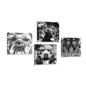 CANVAS PRINT SET ANIMALS IN BLACK AND WHITE POP ART STYLE - SET OF PICTURES - PICTURES