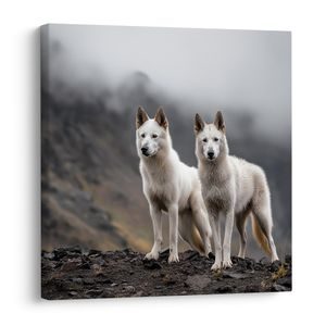CANVAS SCHILDERIJ WITTE WOLVEN OP ROTSEN - SCHILDERIJEN HONDEN - SCHILDERIJEN