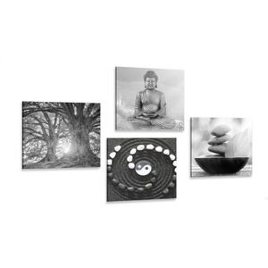 CANVAS PRINT SET FENG SHUI IN BLACK AND WHITE STYLE - SET OF PICTURES - PICTURES