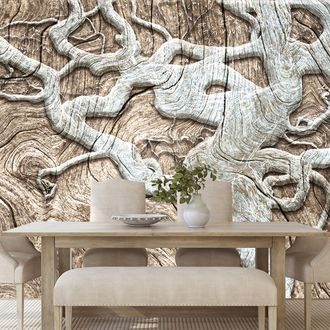 TAPETE ABSTRAKTER BAUM AUF HOLZ IN BEIGE - TAPETEN MIT NATURMOTIVEN - TAPETEN