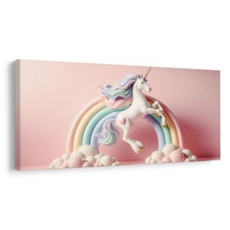WANDBILD MÄRCHENHAFTES EINHORN AUF PASTELLFARBENEM REGENBOGEN - KINDERBILDER TIERE - BILDER