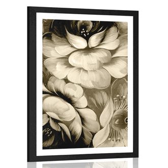 POSTER MIT PASSEPARTOUT IMPRESSIONISTISCHE WELT DER BLUMEN IN SEPIA - SCHWARZ-WEISS - POSTER