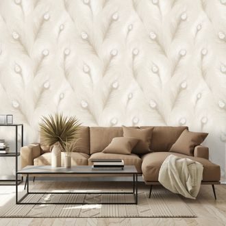 TAPETA BÉŽOVÉ PÁVOVÉ PEŘÍ V GLAMOUR STYLU - VZOROVANÉ TAPETY - TAPETY