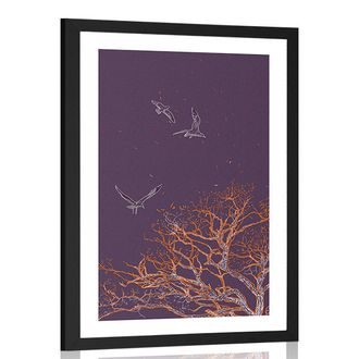 Plakat s paspartujem prelet ptic nad drevesom
