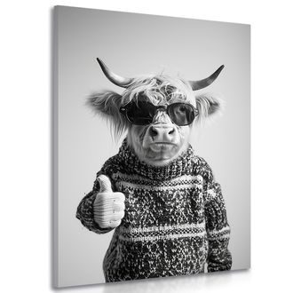 TABLEAU SUR TOILE – VACHE AVEC LUNETTES ET POUCE EN L'AIR - TABLEAUX DE BUFFLES ET DE VACHES - TABLEAUX