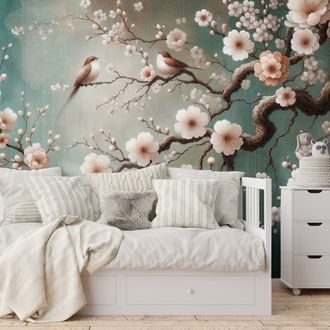 ÖNTAPADÓ TAPÉTA FINOM VIRÁGOK ÉS MADARAK AZ ÁGAKON - VIRÁGMINTÁS TAPÉTÁK - TAPÉTÁK