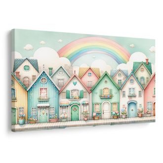 OBRAZ PASTELOVÉ DOMKY S DUHOU - DĚTSKÉ OBRAZY - OBRAZY