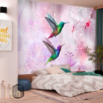 Tapeta samoprzylepna kolorowe kolibry z kwiatami - Kolorowe Kolibry