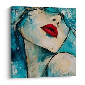 TABLEAU SUR TOILE – VISAGE FÉMININ ABSTRAIT EN TURQUOISE - TABLEAUX DE FEMMES - TABLEAUX