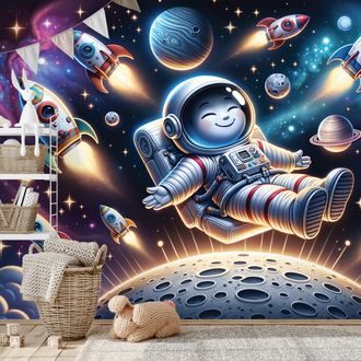SAMOLEPÍCÍ FOTOTAPETA VESELÝ ASTRONAUT MEZI RAKETAMI - DĚTSKÉ TAPETY - TAPETY