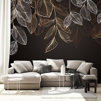 TAPET FRUNZE AURII ELEGANTE PE FUNDAL ÎNCHIS - TAPETE FRUNZE - TAPETURI