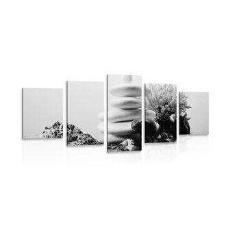 5-PIECE CANVAS PRINT ZEN STONES WITH SEASHELLS IN BLACK AND WHITE - BLACK AND WHITE PICTURES - PICTURES