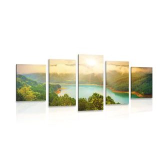 5-CZĘŚCIOWY OBRAZ RZEKA W ŚRODKU ZIELONEGO LASU - OBRAZY PRZYRODY I KRAJOBRAZY - OBRAZY