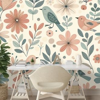 FOTÓTAPÉTA PASZTELL MADARAK ÉS VIRÁGOK - MADARAS TAPÉTÁK - TAPÉTÁK