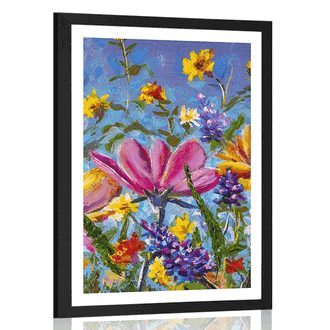 POSTER MIT PASSEPARTOUT BUNTE BLUMEN AUF DER WIESE - BLUMEN - POSTER