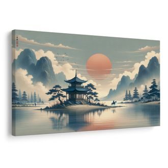 OBRAZ JAPONSKÝ CHRÁM A JEZERO - OBRAZY VÝCHOD A ZÁPAD SLUNCE - OBRAZY