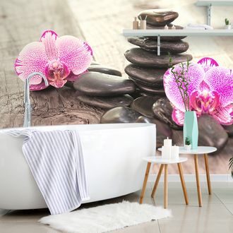 WALL MURAL ORCHID AND ZEN STONES ON WOOD - WALLPAPERS FENG SHUI - WALLPAPERS