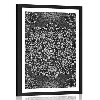 POSTER WITH MOUNT MANDALA WITH AN ABSTRACT PATTERN IN BLACK AND WHITE - BLACK AND WHITE - POSTERS