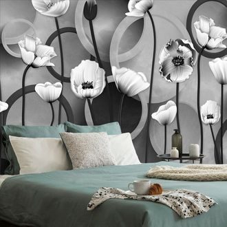 WALLPAPER BLACK AND WHITE POPPIES ON AN ABSTRACT BACKGROUND - BLACK AND WHITE WALLPAPERS - WALLPAPERS